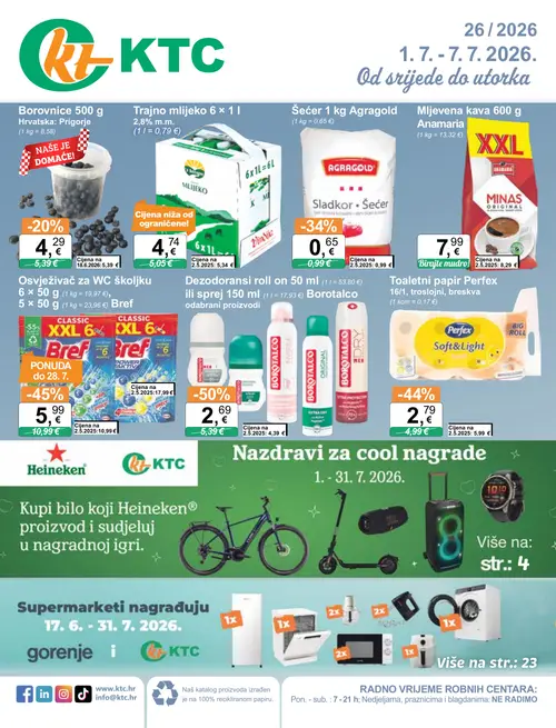 KTC katalog — stranica 1: Borotalco Dezodoransi roll on ili sprej, Bref Osvježivač za WC školjku, Perfex Toaletni papir, Agragold Šećer (vrijedi 01. 07. 2026.–07. 07. 2026.)