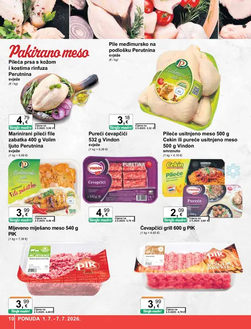 KTC katalog — stranica 10: PIK Ćevapčići grill 600 g, Perutnina Marinirani pileći file zabatka 400 g Volim Ljuto, PIK Mljeveno miješano meso 540 g, Vindon Pureći ćevapčići 532 g (vrijedi 01. 07. 2026.–07. 07. 2026.)