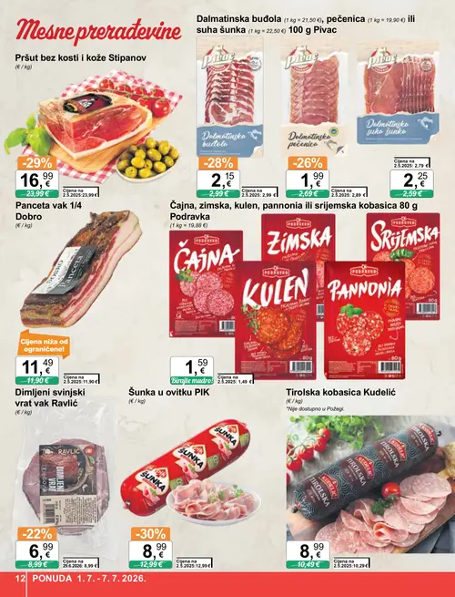 KTC katalog — stranica 12: Šunka, Stipanov Pršut bez kosti i kože, Dobro Panceta vak 1/4, Pivac Dalmatinska budola (vrijedi 01. 07. 2026.–07. 07. 2026.)
