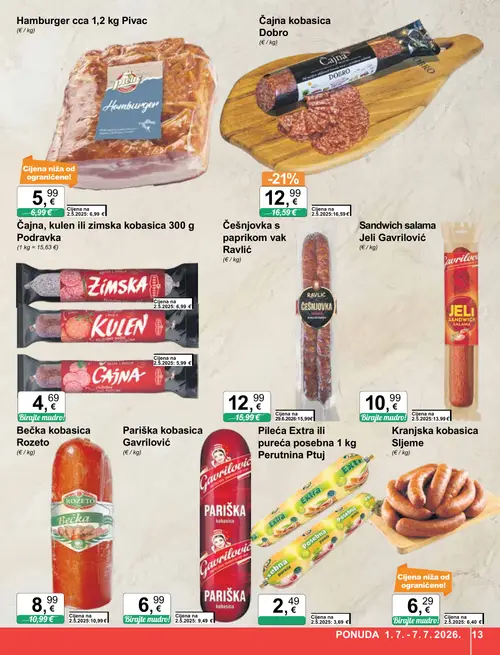 KTC katalog — stranica 13: Dobro Čajna kobasica, Ravlić Češnjovka s paprikom, Pivac Hamburger cca 1,2 kg (vrijedi 01. 07. 2026.–07. 07. 2026.)