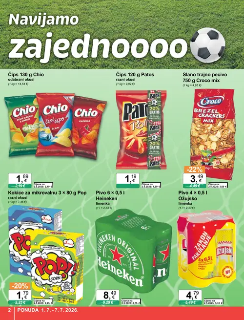 KTC katalog — stranica 2: Heineken Pivo 6 × 0,5 l Heineken, Croco Croco mix, Kokice za mikrovalnu 3 × 80 g Pop, Ožujsko Pivo 4 × 0,5 l Ožujsko (vrijedi 01. 07. 2026.–07. 07. 2026.)