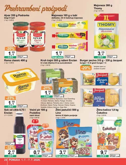 KTC katalog — stranica 20: Encian Sok od cikla 0,75 l Encian, Čokolino Žitna kašica 1,8 kg Čokolino, Rama Rama classic 400 g, Encian Kruh trajni 500 g raženi Encian tri vrste žitarica ili sa suncokretom (vrijedi 01. 07. 2026.–07. 07. 2026.)