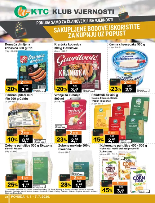 KTC katalog — stranica 24: EKOZONA Zobene mekinje 500 g, EKOZONA Zobene pahuljice 500 g sitne ili krupne, Z bregov Vrhnje za kuhanje 500 ml, Z bregov Krema cheesecake 500 g (vrijedi 01. 07. 2026.–07. 07. 2026.)