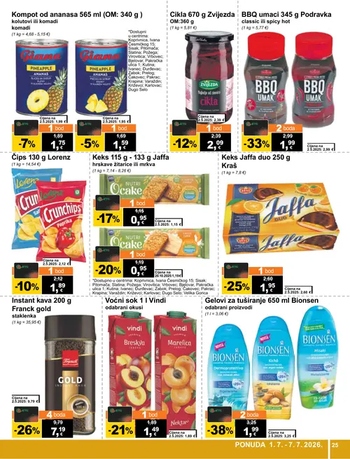 KTC katalog — stranica 25: Bionsen Gelovi za tuširanje Dermoprotecttivo, Podravka BBQ umak classic ili spicy hot, Franck Instant kava Gold, Kraš Jaffa DUO (vrijedi 01. 07. 2026.–07. 07. 2026.)