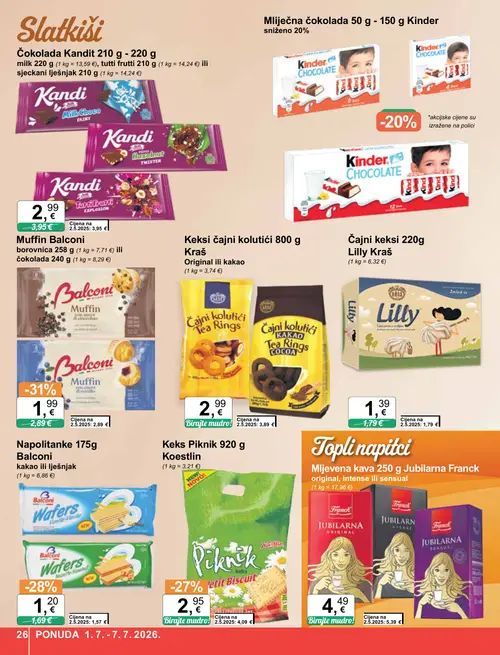 KTC katalog — stranica 26: Balconi Muffin borovnica, Balconi Muffin čokolada, Koestlin Keks Piknik, Kandi Kandi čokolada (vrijedi 01. 07. 2026.–07. 07. 2026.)