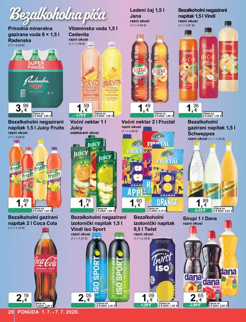 KTC katalog — stranica 28: Fructal Voćni nektar, Twist Bezalkoholni izotonički napitak, Jana Ledeni čaj, Dana Sirupi (vrijedi 01. 07. 2026.–07. 07. 2026.)