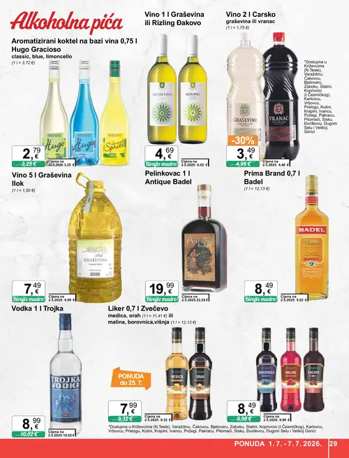 KTC katalog — stranica 29: Vino 2 l Carsko graševina ili vranac, Vino 5 l Graševina Ilok, Vino 1 l Graševina ili Rizling Đakovo, Likeri borovnica, malina, cherry (vrijedi 01. 07. 2026.–07. 07. 2026.)