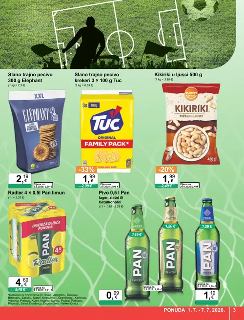 KTC katalog — stranica 3: Tuc Slanac trajno pecivo krekeri 3 x 100 g Tuc, Kikiriki Kikiriki u ljusci 500 g, Pan Radler 4 x 0,5 l Pan limun (vrijedi 01. 07. 2026.–07. 07. 2026.)