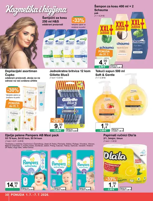 KTC katalog — stranica 30: Soft & Gentle Tekući sapun 500 ml Soft & Gentle, Ola'la Papirnati ručnici Ola'la, Šamponi za kosu Schauma, Gillette Jednokratne britvice 12 kom Gillette Blue3 (vrijedi 01. 07. 2026.–07. 07. 2026.)