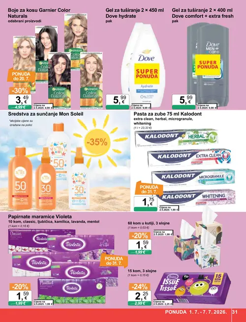 KTC katalog — stranica 31: Dove Dove comfort + extra fresh gel za tuširanje, Dove Dove hidratantni gel za tuširanje, Garnier Garnier Color Naturals, Papirnate maramice (vrijedi 01. 07. 2026.–07. 07. 2026.)