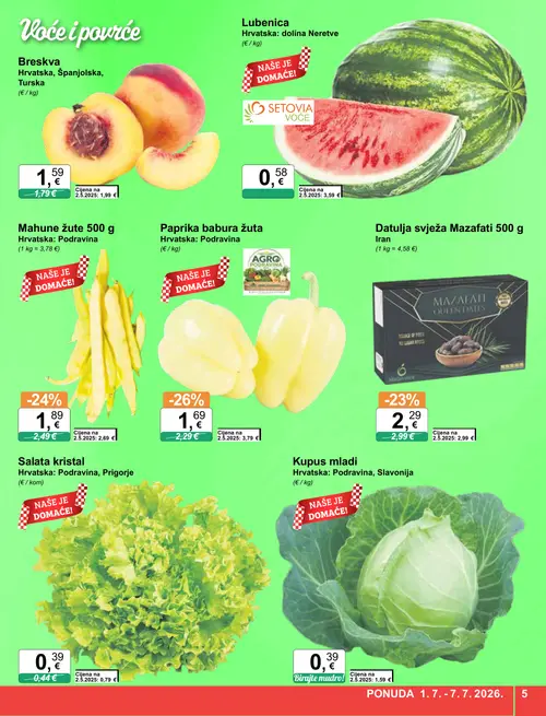 KTC katalog — stranica 5: SETOV Lubeni, Kupus mladi, AGRO Paprika babura žuta, Mahune žute 500 g (vrijedi 01. 07. 2026.–07. 07. 2026.)