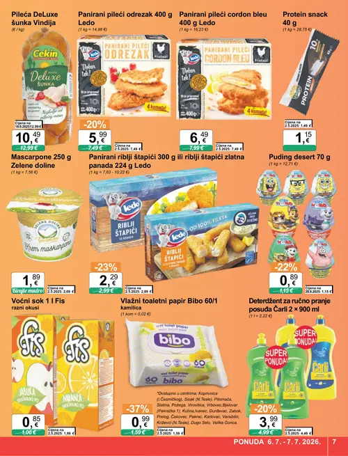 KTC katalog — stranica 7: Bibo Vlažni toaletni papir Bibo 60/1 kamilica, Ledo Panirani riblji štapići 300 g ili riblji štapići zlatna panada 224 g, Protein snack 40 g, Puding desert 70 g (vrijedi 01. 07. 2026.–07. 07. 2026.)