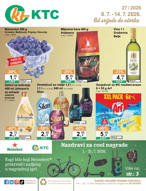 KTC katalog — stranica 1: Silan Omekšivač za rublje, Silan Omekšivač za rublje, Johnson's VITA-RICH Gelovi za tuširanje, Arf Osvježivač za WC mediterranean (vrijedi 08. 07. 2026.–14. 07. 2026.)