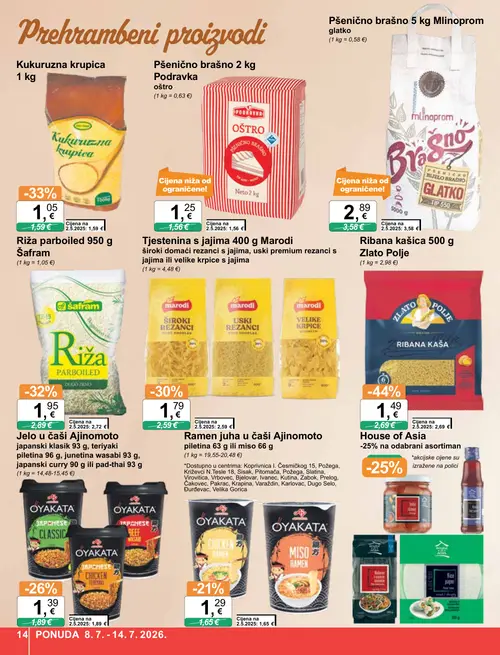 KTC katalog — stranica 14: Zlato Polje Ribana kašica, Šafran Riža parboiled, Marodi Tjestenina široki rezanci s jajima, Ajinomoto Ramen juha u čaši Ajinomoto miso (vrijedi 08. 07. 2026.–14. 07. 2026.)