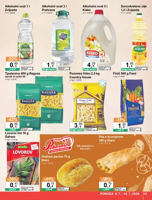 KTC katalog — stranica 15: Ragusa Tjestenina 400 g Ragusa spirale ili pužići 65, Klara Graham pecivo 75 g Klara, Klara Pita s krumpirom 150 g Klara, ŠafrAM Lovorov list 10 g ŠafrAM (vrijedi 08. 07. 2026.–14. 07. 2026.)