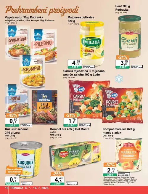 KTC katalog — stranica 16: Podravka Kompot marelica manje sladak, Del Monte Kompot 3 x 435 g, Ledo Carska mješavina ili miješano povrće za juhu, Podravka Senf (vrijedi 08. 07. 2026.–14. 07. 2026.)