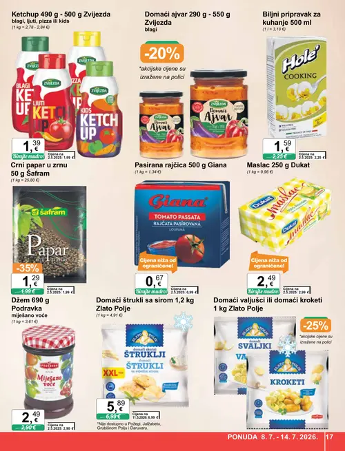 KTC katalog — stranica 17: Šafran Crni papar u zrnu 50 g Šafran, Giana Pasirana rajčica 500 g Giana, Hole Biljni pripravak za kuhanje 500 ml, Dukat Maslac 250 g Dukat (vrijedi 08. 07. 2026.–14. 07. 2026.)