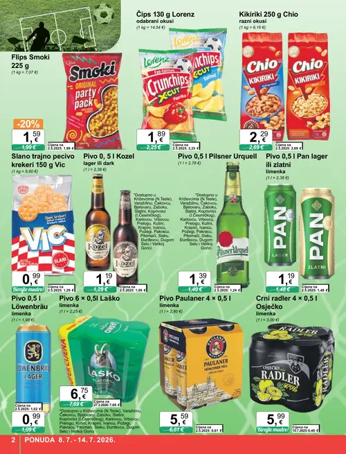 KTC katalog — stranica 2: Flips Smoki 225 g, Osječko Crni radler 4 × 0,5 l Osječko limenka, Lorenz Čips 130 g Lorenz odabrani okusi, Paulaner Pivo Paulaner 4 × 0,5 l limenka (vrijedi 08. 07. 2026.–14. 07. 2026.)