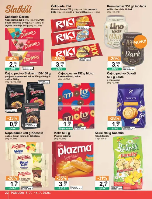KTC katalog — stranica 22: Dorina Čokolada Dorina Napolitanka 290 g, Petit Beure i mlijeko 240 g ili jagoda i vanilija 245 g, Riki Čokolada Riki Cereals honey 230 g, popcorn 250 g ili s rižom 300 g, Plazma Keks 600 g Plazma original, Biskrem Čajno pecivo Biskrem 150-160 g punjeno kremom od kakaa 150 g -160 g ili maline 160 g (vrijedi 08. 07. 2026.–14. 07. 2026.)