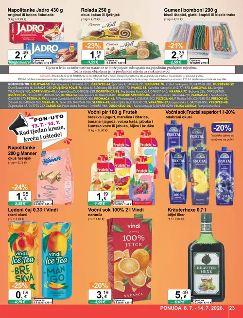 KTC katalog — stranica 23: Vindi Ice Tea BRE SKVA, Manner Napolitanke 200 g Manner okus lješnjak, Rolada 250 g okus kakao ili lješnjak, Jadro Jadro 430 g original ili kokos čokolada (vrijedi 08. 07. 2026.–14. 07. 2026.)