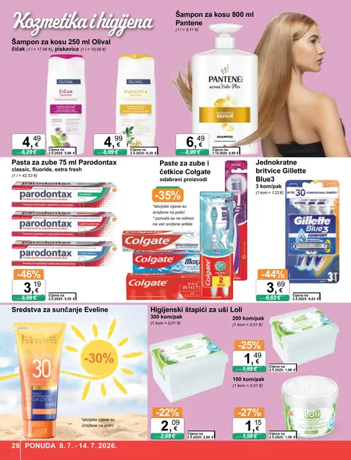 KTC katalog — stranica 28: Parodontax Pasta za zube 75 ml Parodontax classic, fluoride, extra fresh, Gillette Jednokratne britvice Gillette Blue3, Colgate Setovi četkica za zube Colgate, Olival Šampon za kosu 250 ml Olival čičak (vrijedi 08. 07. 2026.–14. 07. 2026.)