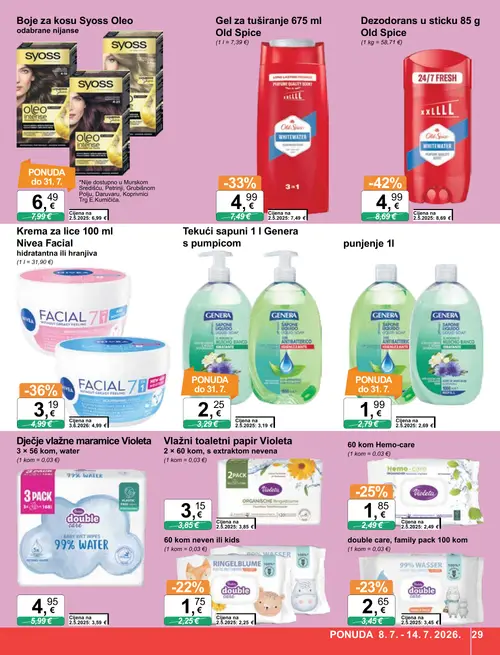 KTC katalog — stranica 29: Old Spice Dezodorans u sticku 85 g, Nivea Krema za lice 100 ml Nivea Facial hidratantna ili hranjiva, Old Spice Gel za tuširanje 675 ml, Genera Tekući sapuni 1 l Genera s pumpicom (vrijedi 08. 07. 2026.–14. 07. 2026.)