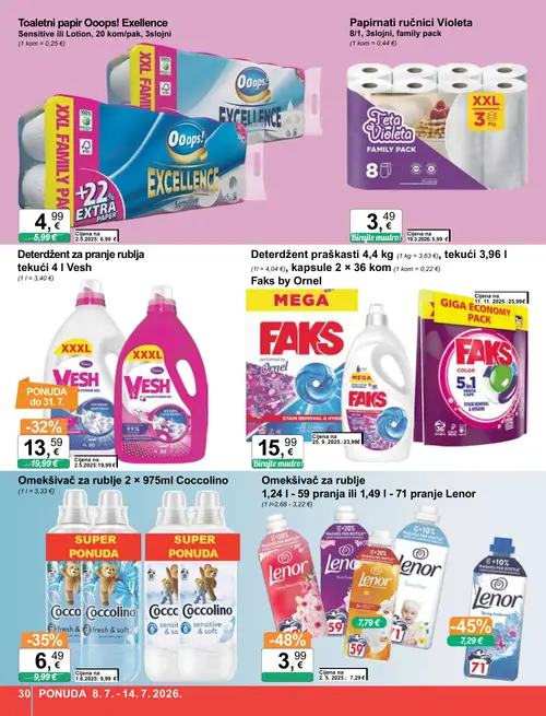 KTC katalog — stranica 30: Papirnati ručnici Violeta 8/1, 3slojni, family pack, Coccolino Omekšivač za rublje 2 × 975ml Coccolino, Faks Deterdžent praškasti 4,4 kg, tekući 3,96 l, Vesh Deterdžent za pranje rublja tekući 4 l Vesh (vrijedi 08. 07. 2026.–14. 07. 2026.)