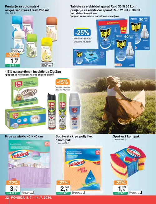 KTC katalog — stranica 32: Punjene za automatski osvježivač zraka Fresh 260 ml, rekord Spužvasta krpa polly flex 5 kom/pak, rekord Spužva 2 kom/pak, rekord Krpa za staklo 40 × 40 cm (vrijedi 08. 07. 2026.–14. 07. 2026.)