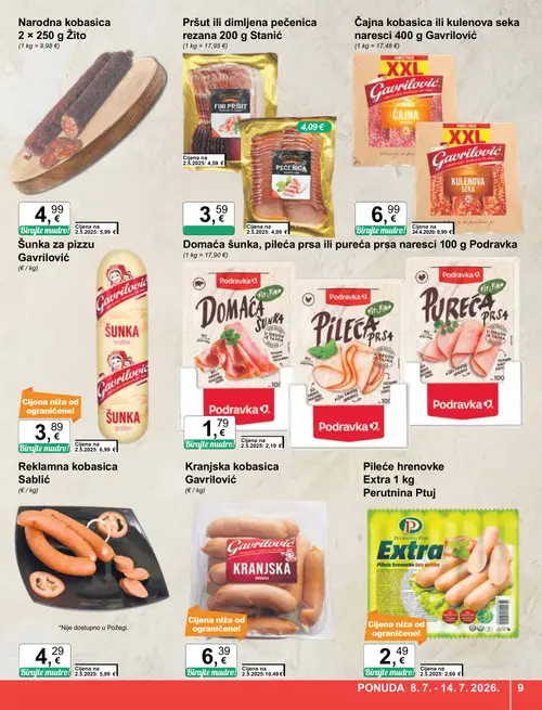 KTC katalog — stranica 9: Gavriloć Šunka za pizzu, Gavriloć Kranjska kobasica, Sablić Reklamna kobasica, Podravka Domaća šunka, pileća prsa ili pureća prsa naresci 100 g (vrijedi 08. 07. 2026.–14. 07. 2026.)