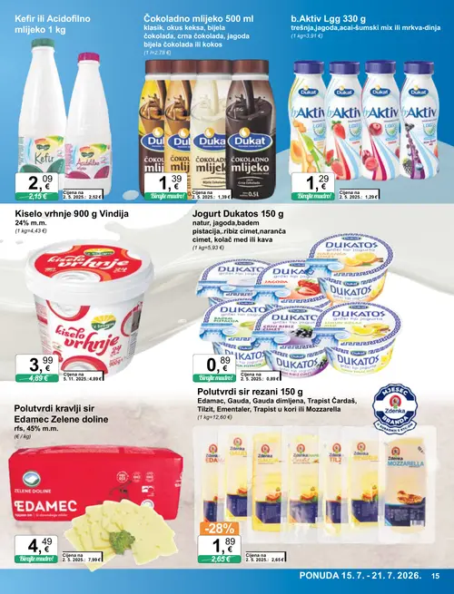 KTC katalog — stranica 15: Polutvrdi kravlji sir Edamec Zelene doline, Edamec Polutvrdi sir rezani, Vindija Kiselo vrhnje (vrijedi 15. 07. 2026.–21. 07. 2026.)