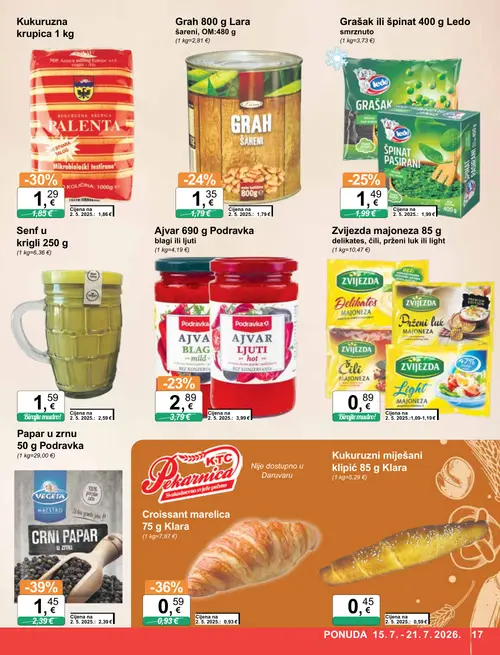 KTC katalog — stranica 17: Podravka Papir u zrnu 50 g Podravka, Senf u krigli 250 g, Klara Croissant marelica 75 g Klara, Kukuruzna krupica 1 kg (vrijedi 15. 07. 2026.–21. 07. 2026.)