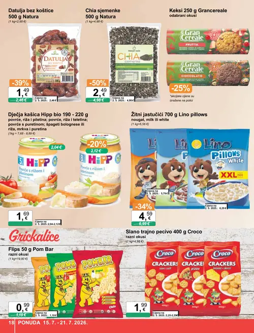 KTC katalog — stranica 18: Chia sjemenke 500 g Natura, Datulja bez koštice 500 g Natura, Lino Žitni jastučići Lino pillows white, Hipp Dječja kašica Hipp bio Povrće s rižom i piletinom (vrijedi 15. 07. 2026.–21. 07. 2026.)