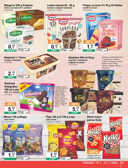 KTC katalog — stranica 19: Dr.Oetker Ledeni desert bourbon vanilija ili čokolada, Ledo Sladoled Snjeguljica 780 ml Ledo XXL, 8 + 4 gratis, Dr.Oetker Preljev za torte svijetli ili crveni, King Sladoled 450 ml King supreme, obsession, majestic ili desire (vrijedi 15. 07. 2026.–21. 07. 2026.)
