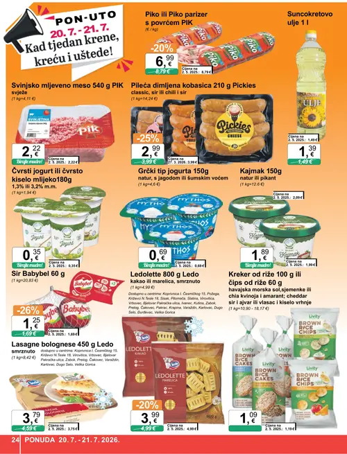 KTC katalog — stranica 24: Babybel Sir Babybel 60 g, Pickies Pileća dimljena kobasica 210 g Pickies classic, sir ili chili i sir, PIK Piko parizer s povrćem PIK, Ledo Ledolette 800 g Ledo kakao ili marelica, smrznuto (vrijedi 15. 07. 2026.–21. 07. 2026.)