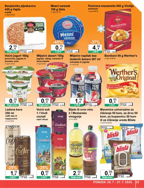 KTC katalog — stranica 25: Gala Mesni narezak, Vindija Panirana mozzarella, Blista Maramice univerzalne za čišćenje, Voćni jogurt borovnica, jagoda ili šumsko voće (vrijedi 15. 07. 2026.–21. 07. 2026.)