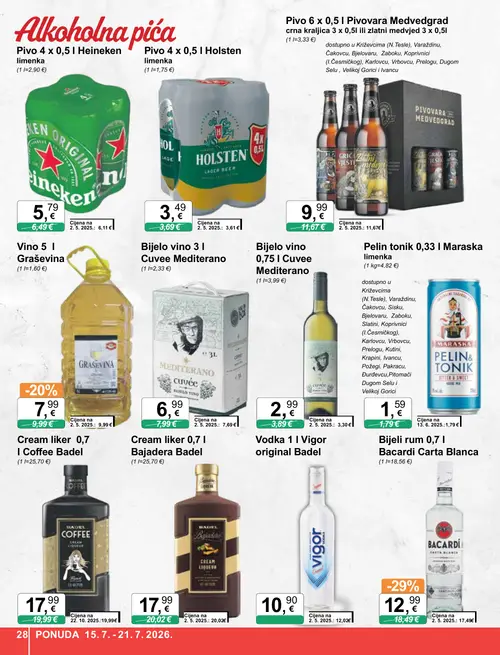 KTC katalog — stranica 28: Bacardi Bijeli rum 0,7 l Bacardi Carta Blanca, Bijelo vino 0,75 l Cuvee Mediterano, Vino 5 l Graševina, Pivovara Medvedgrad Pivo 6 x 0,5 l Pivovara Medvedgrad crna kraljica 3 x 0,5l ili zlatni medvjed 3 x 0,5l (vrijedi 15. 07. 2026.–21. 07. 2026.)