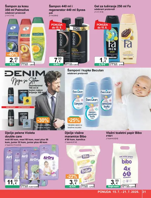 KTC katalog — stranica 31: Palmolive Šampon za kosu 350 ml Palmolive odabrani proizvodi, Fa Gel za tuširanje 250 ml Fa odabrani proizvodi, Bibo Dječje vlažne maramice Bibo 4*80 kom, kamilica, Syoss Šampon 440 ml i regenerator 440 ml Syoss pak (vrijedi 15. 07. 2026.–21. 07. 2026.)
