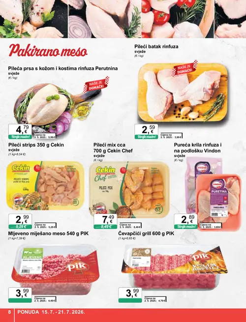 KTC katalog — stranica 8: Cekin Pileći strips 350 g Cekin, Pileći batak rinfuza, Vindon Pureća krila rinfuza i na podlošku Vindon, Pileća prsa s kožom i kostima rinfuza (vrijedi 15. 07. 2026.–21. 07. 2026.)