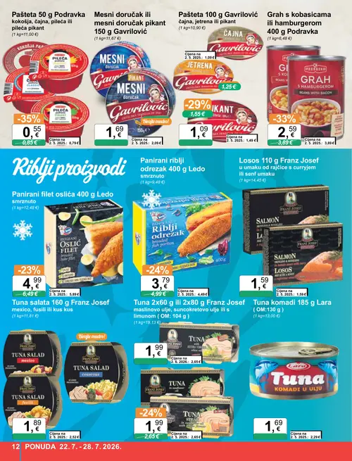 KTC katalog — stranica 12: Podravka Pašteta kokošja, čajna, pileća ili pileća pikant, Podravka Grah s kobasicama ili hamburgerom, Lara Tuna komadi u ulju, Gavriloć Pašteta (vrijedi 22. 07. 2026.–28. 07. 2026.)