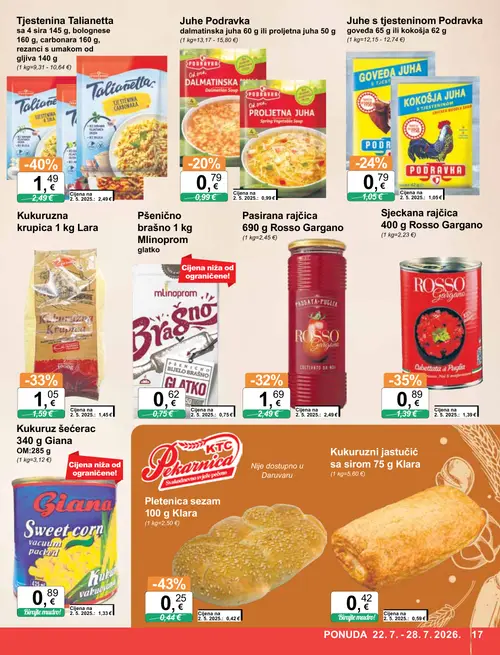 KTC katalog — stranica 17: Klara Pletenica sezam, Tjestenina Talianetta, Rosso Gargano Sjeckana rajčica, Giana Kukuruz šećerac (vrijedi 22. 07. 2026.–28. 07. 2026.)