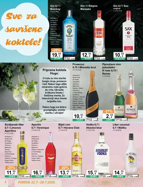 KTC katalog — stranica 2: Bombay Gin 0,7 L Bombay, Limonce Sicilijanski liker 0,7 L Limonce Aperitivo, Romer Pjenušavo vino poluslatko ili rose 0,75 L Romer, Havana Club Bijeli rum 0,7 L Havana Club (vrijedi 22. 07. 2026.–28. 07. 2026.)