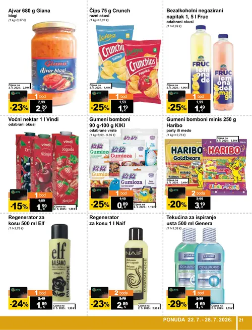 KTC katalog — stranica 21: Genera Tekućina za ispiranje usta 500 ml Genera, Lorenz Čips 75 g Crunch razni okusi, KIKI Gumeni bomboni 90 g-100 g KIKI odabrane vrste, Fructal Bezalkoholni negazirani napitak 1,5 l Fruct odabrani okusi (vrijedi 22. 07. 2026.–28. 07. 2026.)