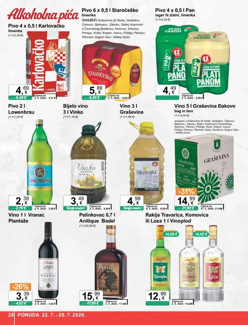 KTC katalog — stranica 28: Graševina Vino 5 l Graševina Đakovo bag in box, Graševina Vino 3 l Graševina, Plantaže Vino 1 l Vranac Plantaže, Staročeško Pivo 6 x 0,5 l Staročeško limenka (vrijedi 22. 07. 2026.–28. 07. 2026.)