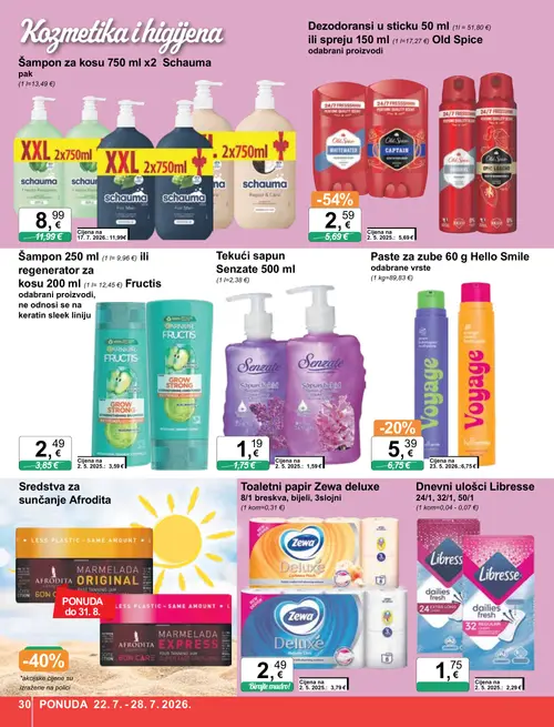 KTC katalog — stranica 30: Old Spice Dezodorans u sticku 50 ml ili spreju 150 ml Old Spice odabrani proizvodi, Zewa Toaletni papir Zewa deluxe 8/1 breskva, bijeli, 3slojni, Senzate Tekući sapun Senzate 500 ml, Fructis Šampon 250 ml ili regenerator za kosu 200 ml Fructis odabrani proizvodi, ne odnosi se na keratin sleek liniju (vrijedi 22. 07. 2026.–28. 07. 2026.)