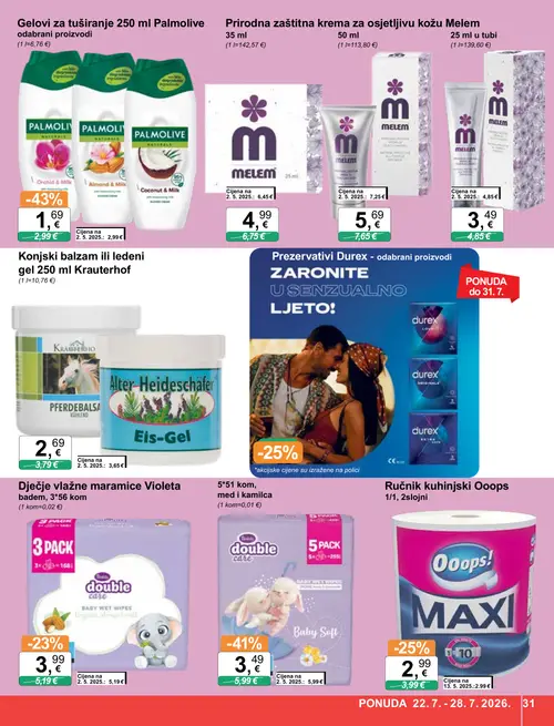 KTC katalog — stranica 31: Palmolive Palmolive gel za tuširanje Almond & Milk, Palmolive Palmolive gel za tuširanje Coconut & Milk, Palmolive Palmolive gel za tuširanje Orchid & Milk, Vlažne maramice Baby Soft 5*51 kom (vrijedi 22. 07. 2026.–28. 07. 2026.)