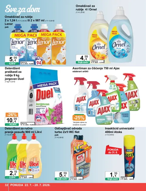 KTC katalog — stranica 32: WC Net Odčepljivač odvoda turbo 2x1l WC Net, Duel Deterdžent praškasti za rublje 9 kg jorgovan Duel, Atoks Insekticid univerzalni 400ml Atoks (vrijedi 22. 07. 2026.–28. 07. 2026.)