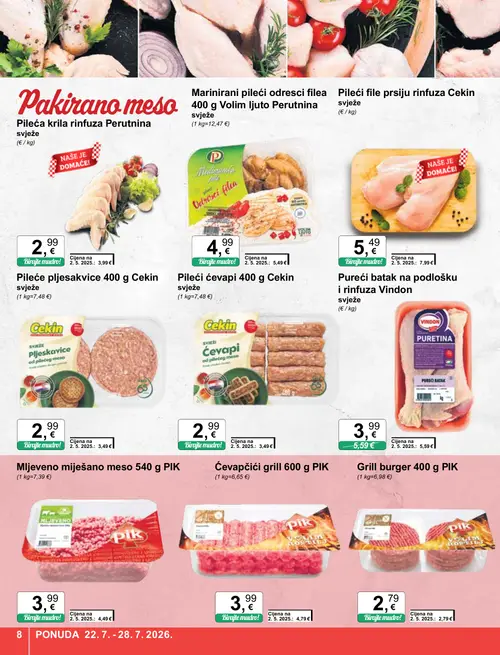 KTC katalog — stranica 8: Cekin Pileći file prsiju rinfuza, Vindon Pureći batak na podlošku i rinfuza, Perutnina Pileća krila rinfuza, PIK Ćevapčići grill 600 g (vrijedi 22. 07. 2026.–28. 07. 2026.)