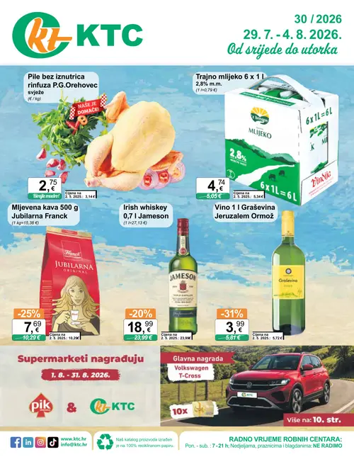 KTC katalog — stranica 1: Vino 1 l Graševina Jeruzalem Ormož, Franck Mljekvena kava 500 g Jubilarna Franck, Jameson Irish whiskey 0,7 l Jameson, Trajno mlijeko 6 x 1 l (vrijedi 29. 07. 2026.–04. 08. 2026.)