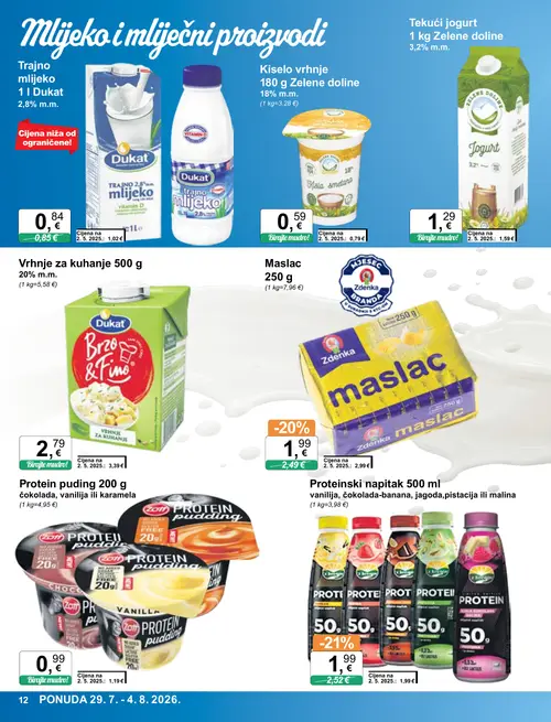 KTC katalog — stranica 12: Dukat Trajno mlijeko, Zbregov Proteinski napitak, Zdenka Maslac, Zelene doline Tekući jogurt (vrijedi 29. 07. 2026.–04. 08. 2026.)