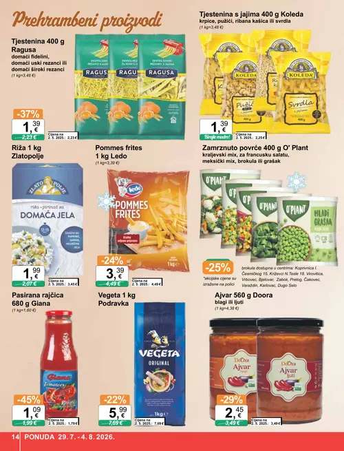 KTC katalog — stranica 14: Giana Pasirana rajčica Giana, Ragusa Tjestenina Ragusa domaći fitdelini, domaći uski rezanci ili domaći široki rezanci, Doora Ajvar blagi ili ljuti, Ledo Pommes frites Ledom (vrijedi 29. 07. 2026.–04. 08. 2026.)
